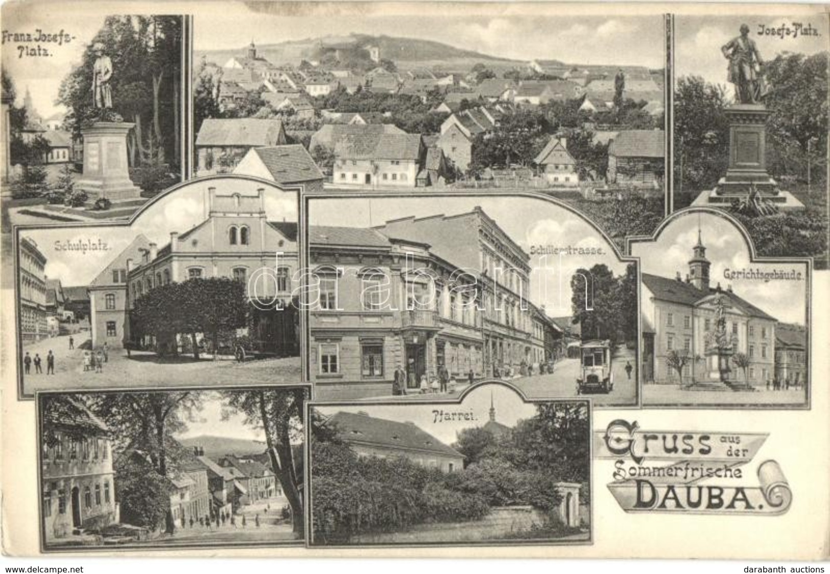 ** T2 Dubá, Dauba; Josefs-Platz, Gerichtsgebaude, Pfarrei, Schillerstrasse, Schulplatz / Square, Monument, Street View,  - Ohne Zuordnung