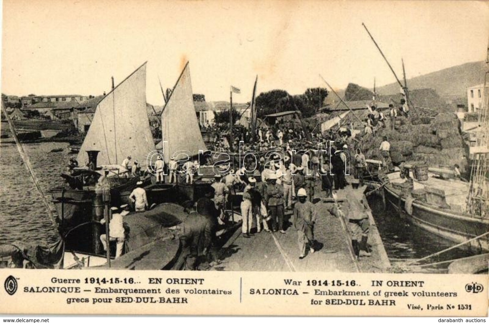 ** T2/T3 Thessaloniki, Salonica; Embarkment Of Greek Volunteers For Sed-Dul Bahr, Port, Ships (EK) - Non Classés