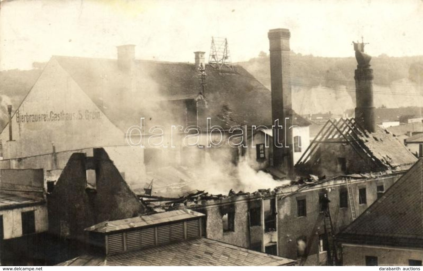 * T2/T3 Unknown Town, Bierbrauerei Und Gasthaus Von S. Grein / Brewery And Guest House Destroyed By Fire, Burnt Down Bui - Ohne Zuordnung