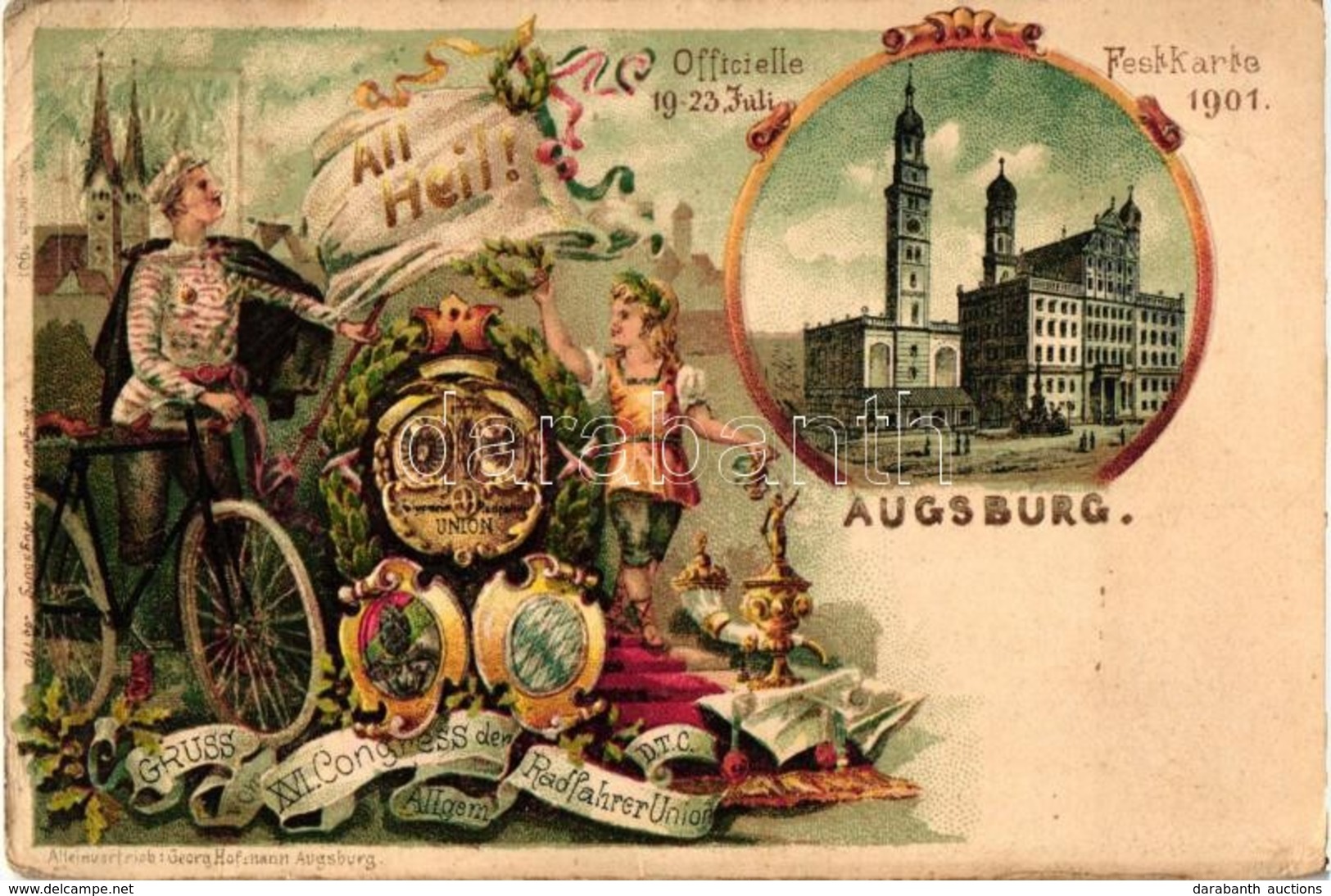* T3 1901 Augsburg, Officielle Festkarte, XVI. Congress Der Allgem. Radfahrer Union D.T.C. /  XVI. Congress Of The Gener - Ohne Zuordnung