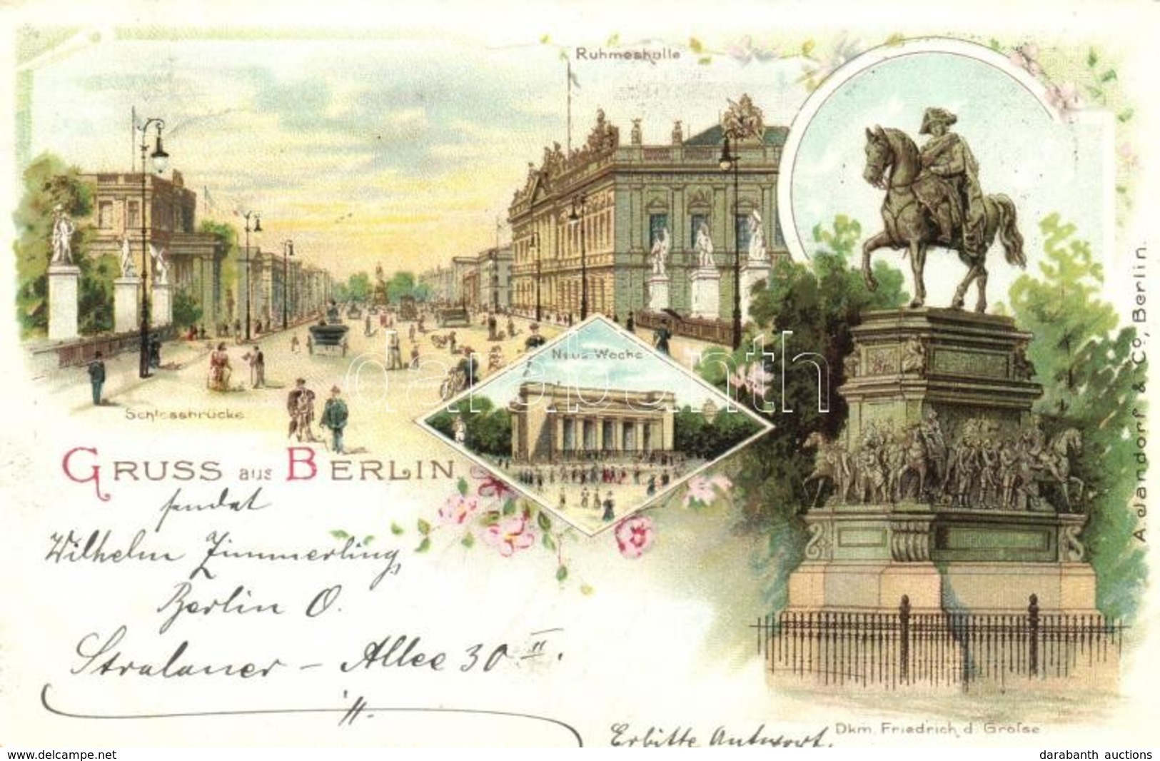 T2/T3 Berlin, Schlossbrücke, Ruhmeshalle, Denkmal Friedrich D. Grosse / Castle Bridge, Hall, Statue, Floral, Litho (EK) - Ohne Zuordnung