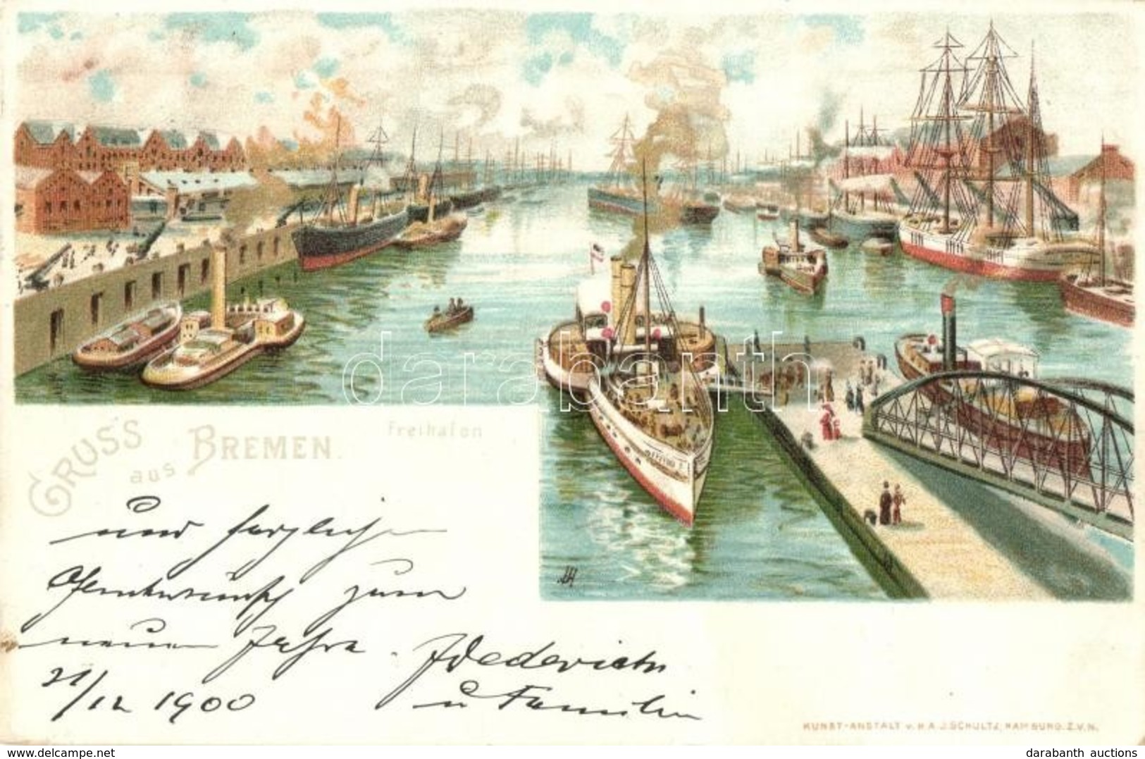 T2 1900 Bremen, Freihafen / Port With Ships. Kunstanstalt V. H.A. J. Schulz Litho - Ohne Zuordnung