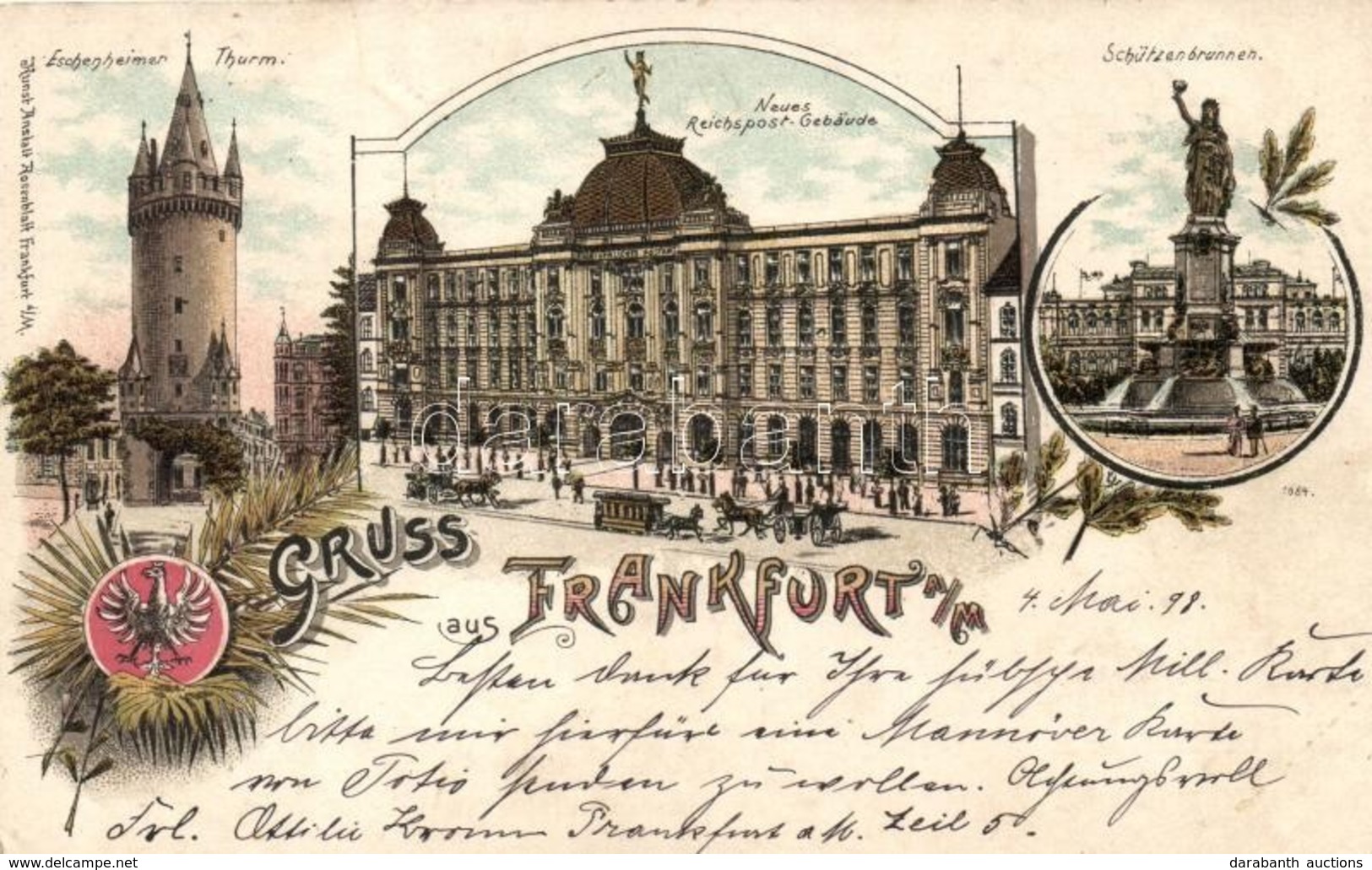 T2/T3 1898 Frankfurt, Eschenheimer Thurm, Neues Reichspost-Gebaude, Schützenbrunnen / Tower, Post Office, Fountain, Kuns - Non Classificati