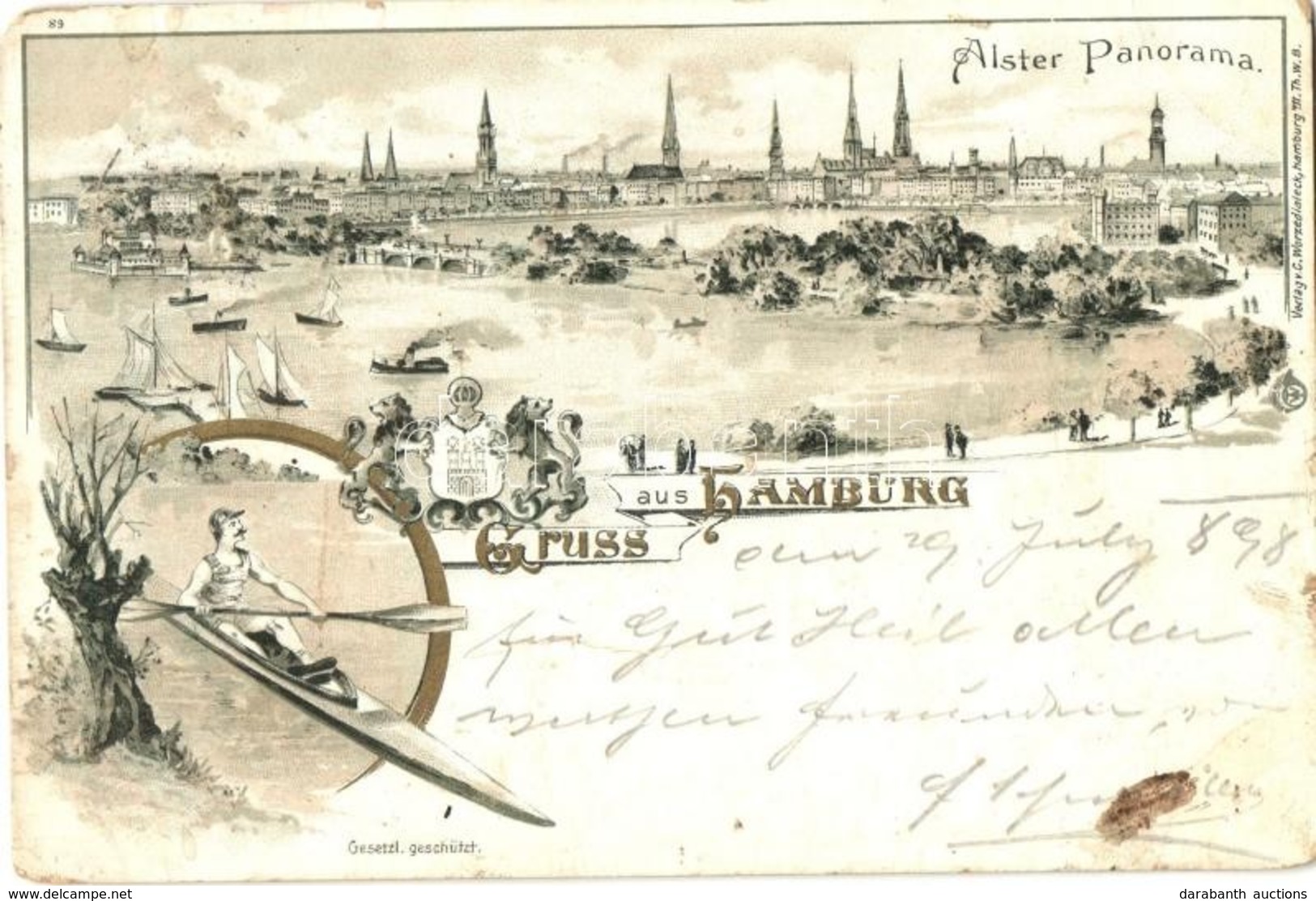 T2/T3 1898 Hamburg, Alster Panorama / Rowing Man. Floral Litho (small Tear) - Ohne Zuordnung