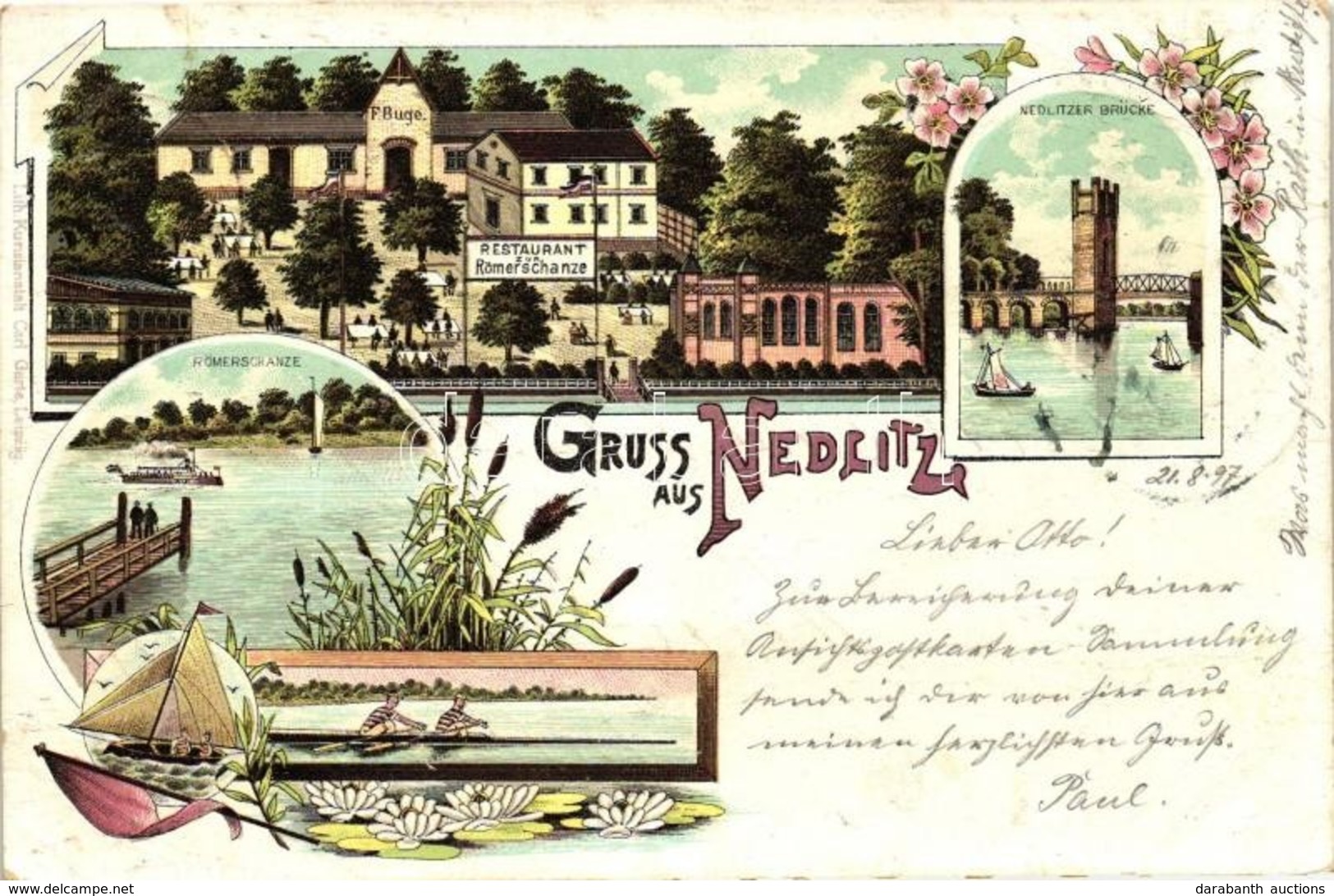 T2/T3 1897 Nedlitz, F. Buge's Restaurant Zur Römerschanze, Bürcke,  / Restaurant, Bridge, Rowers, Floral, Kunstanstalt C - Non Classificati