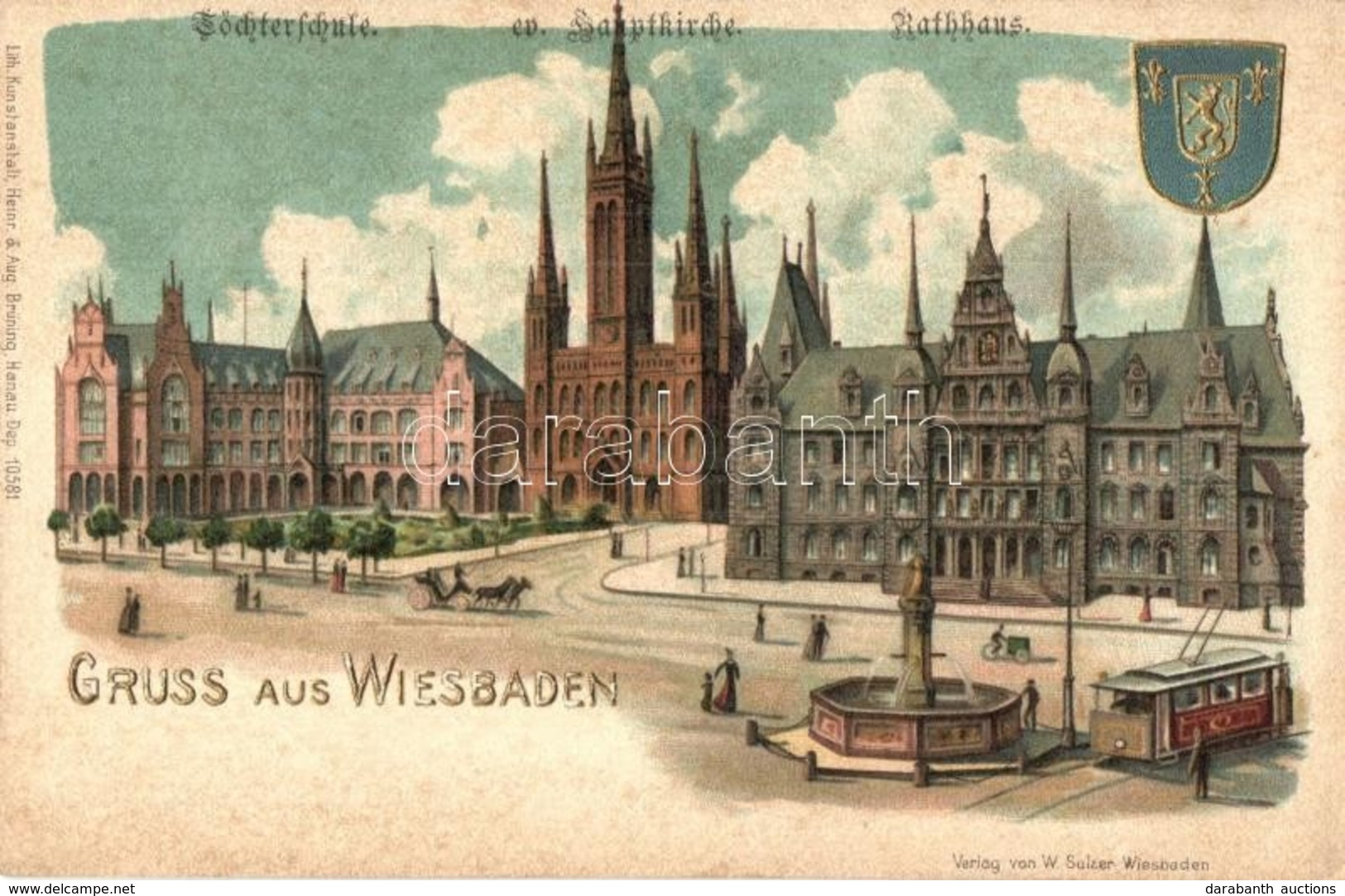 ** T2 Wiesbaden, Töchterschule, Ev. Hauptkirche, Rathaus / Girls School, Lutheran Church, Town Hall, Tram. Verlag V. W.  - Unclassified