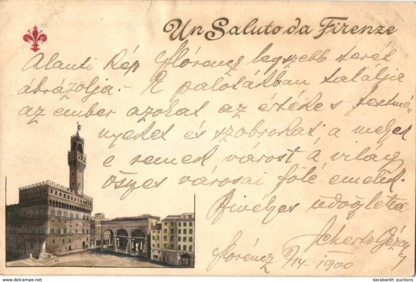 T2/T3 1900 Firenze, Florence; Palazzo Vecchio / Town Hall. Emb. Text, Litho (gyűrődés / Crease) - Non Classés