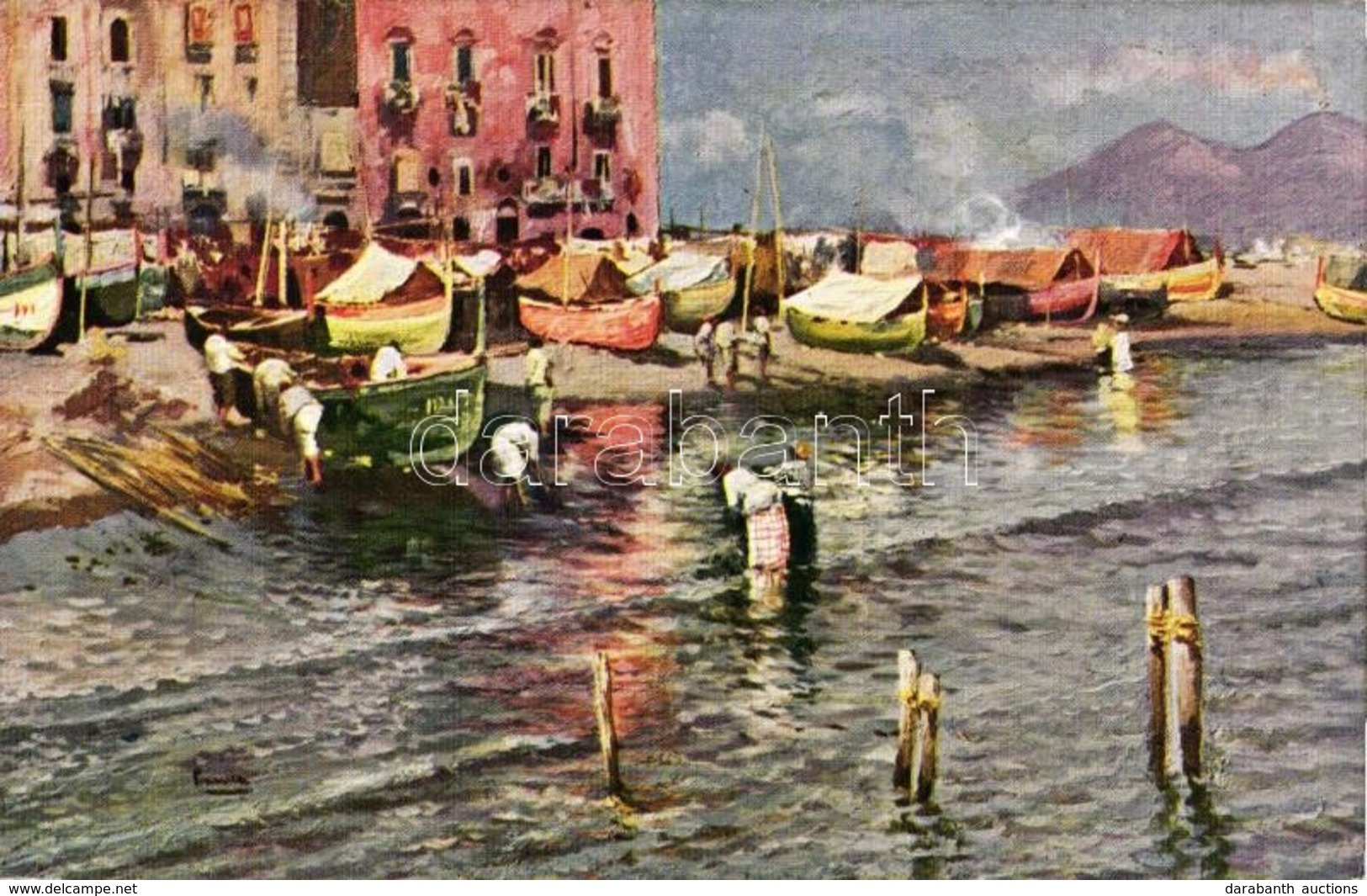 ** T1/T2 Naples, Napoli; Spiaggia Della Marinella / Beach, Art Postcard, Artist Signed - Unclassified