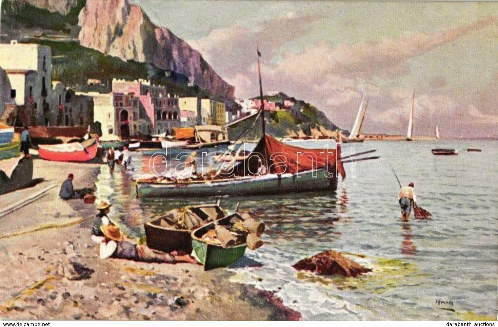 ** T1 Naples, Napoli; Marina Grande / Port, Art Postcard, Artist Signed - Unclassified