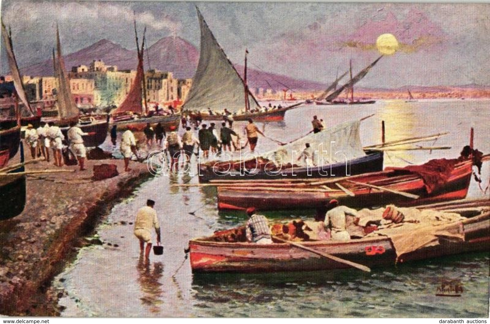 ** T1 Naples, Napoli; Spiaggia Del Carmine / Beach, Art Postcard, Artist Signed - Unclassified