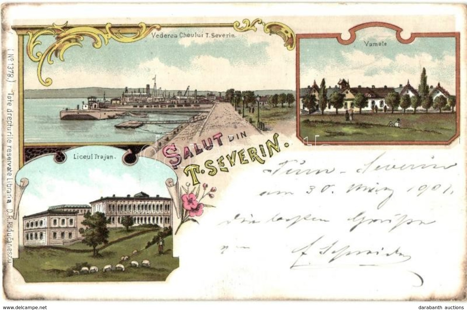 T2/T3 1901 Turnu Severin, Szörényvár; Liceul Trajan, Cheului, Vamele / School, Port. D. R. Raducanescu Floral, Litho (EK - Ohne Zuordnung