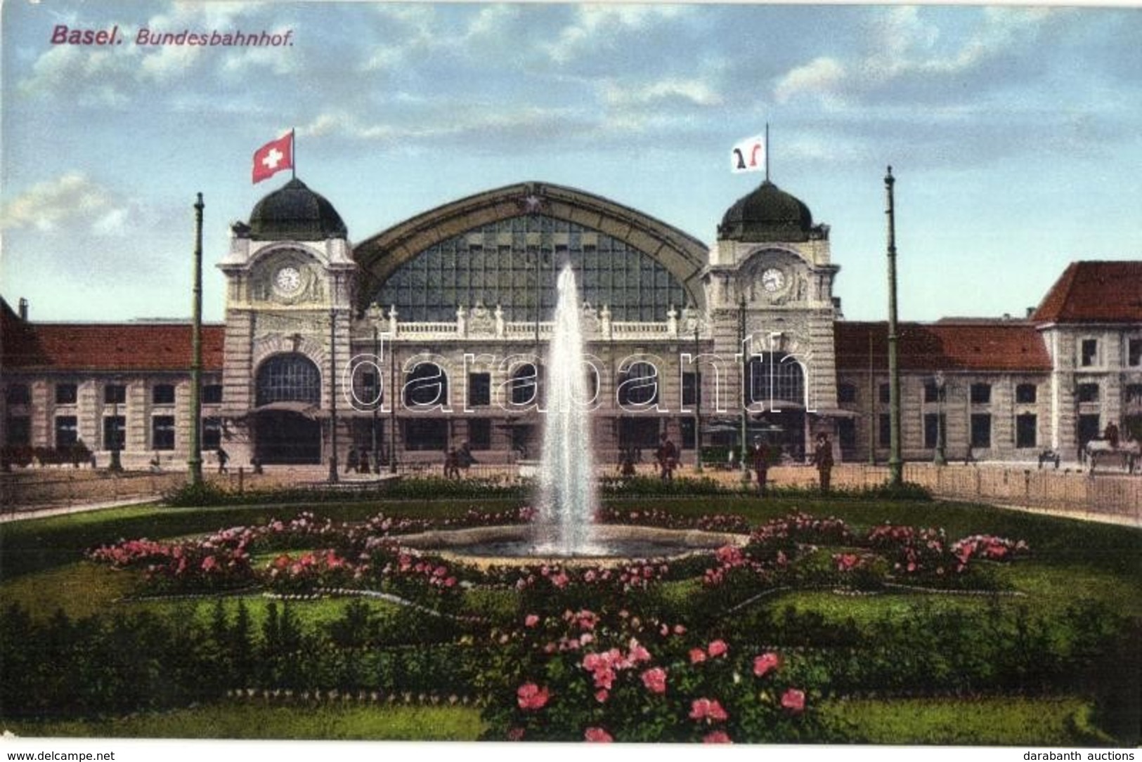 ** T1 Basel, Bundesbahnhof / Railway Station, Flags, Trams. Wilhelm Frey No. 253. - Ohne Zuordnung