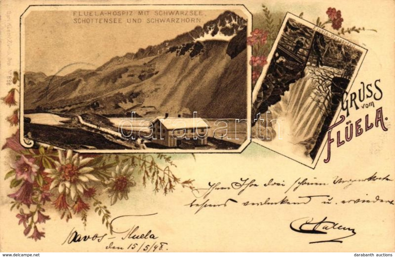 T2 1898 Flüela, Wasserfall, Hospiz, Schwarzsee, Schottensee, Schwarzhorn / Waterfall, Rest House, Lakes, Floral, Litho - Non Classés