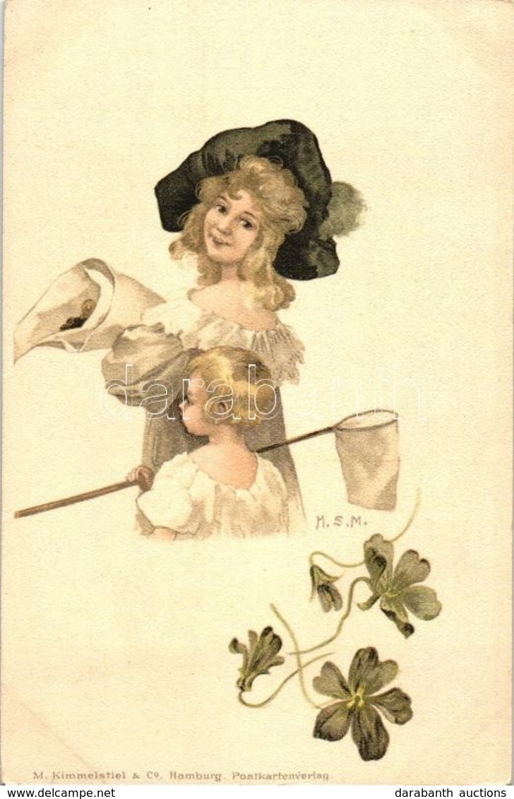 ** T2/T3 Lady, Child With Butterfly Trap Net, Floral, Litho, M. Kimmelstiel & Co., S: M.S.M. (EK) - Non Classés