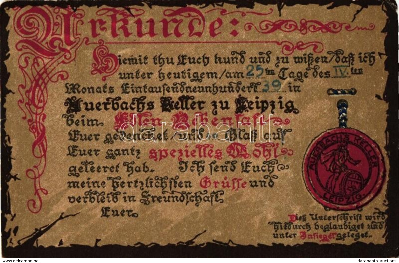 T2/T3 Urkunde, Leipziger Auerbach's Keller's Certificate, Humour, Litho (EK) - Sin Clasificación
