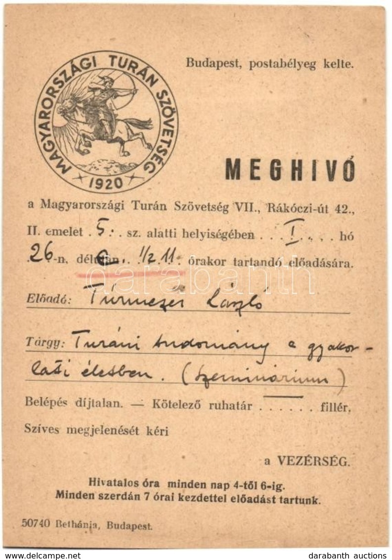 T2 1920 A Magyarországi Turáni Szövetség Meghívója Budapesten / Irredenta Invitation Card - Sin Clasificación