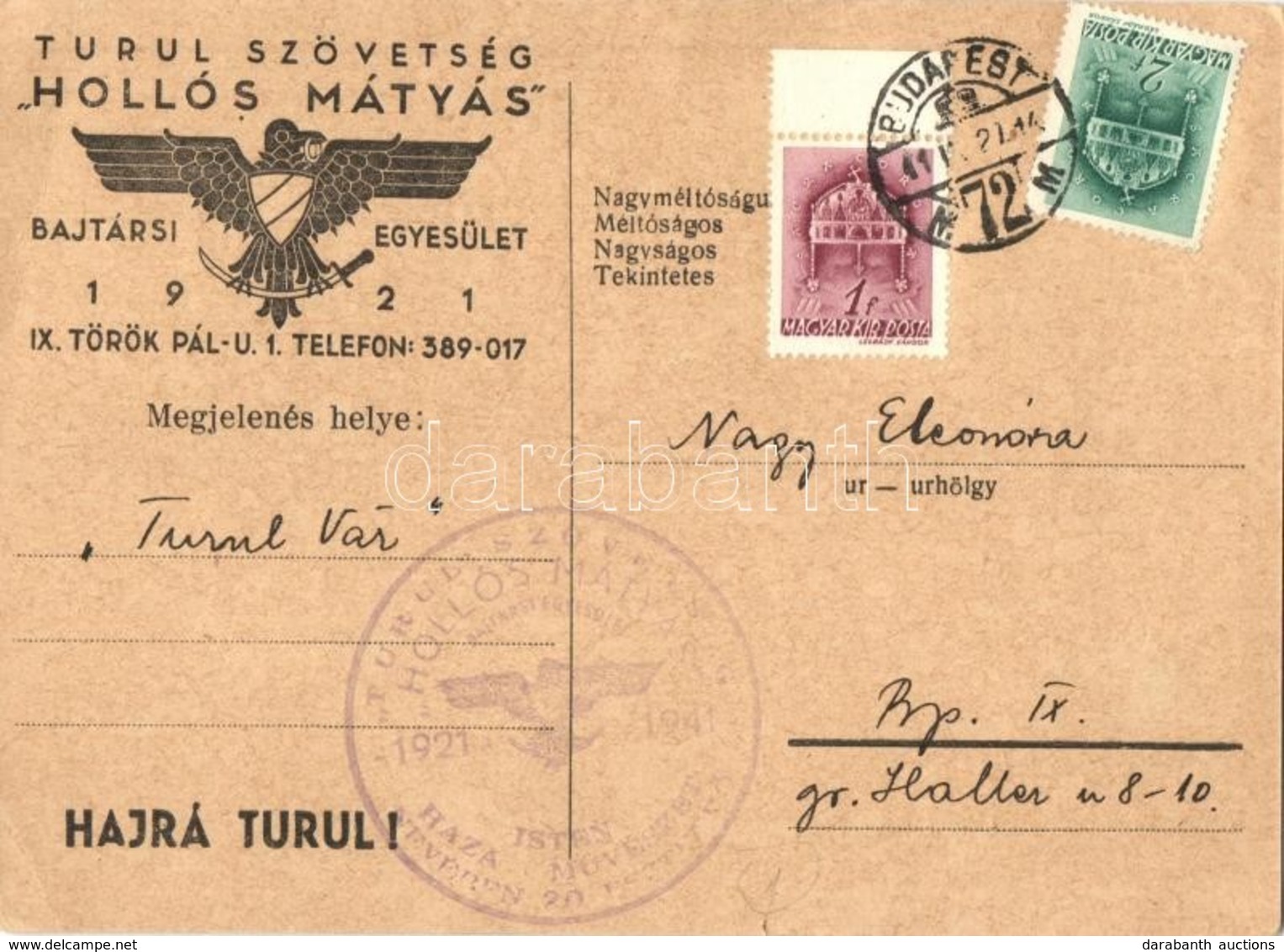 T2/T3 1941 Turul Szövetség Hollós Mátyás Bajtársi Egyesület 20. évfordulója, Szolgálati Jegy / 20th Anniversary Of Turul - Unclassified