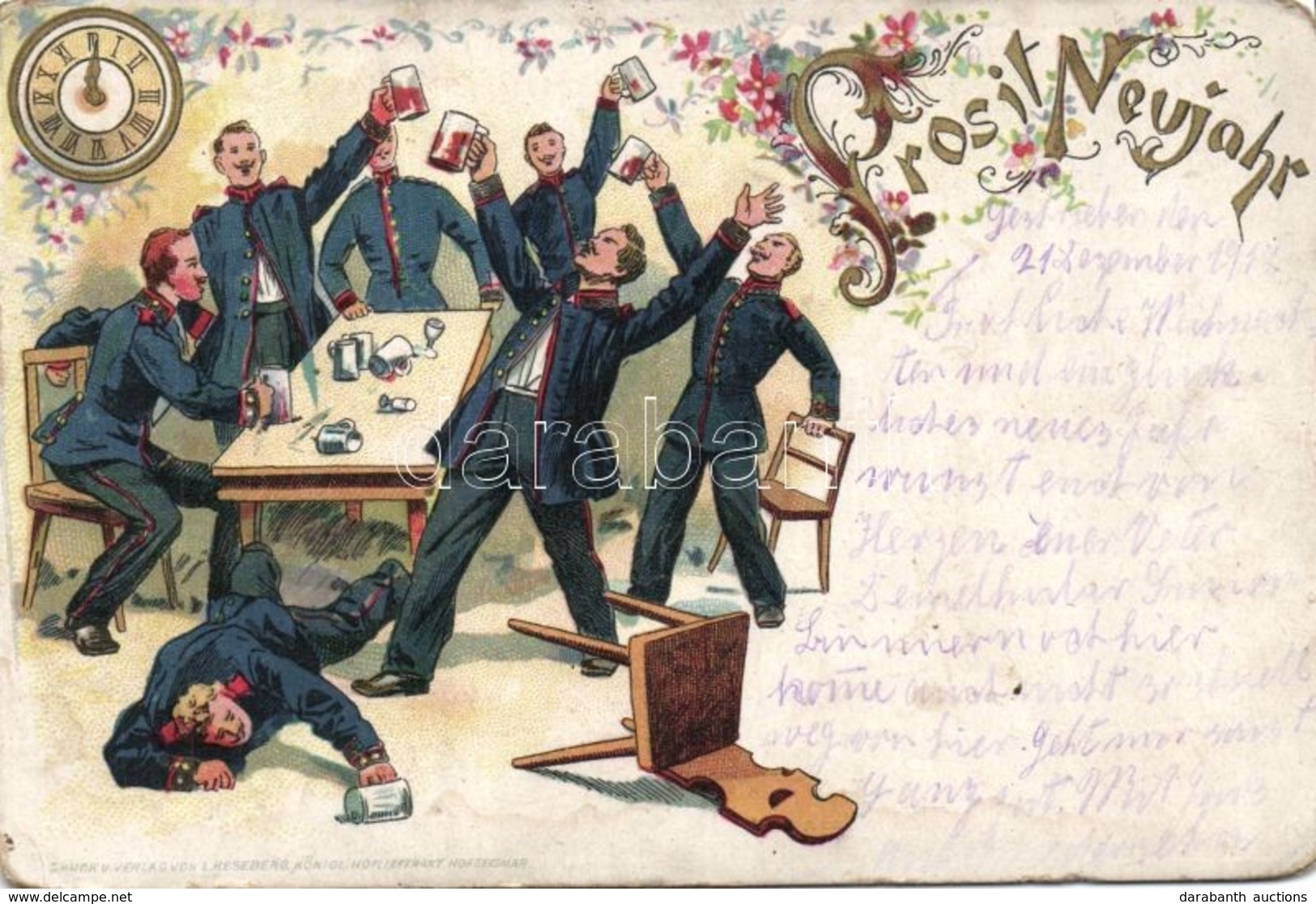 T2/T3 Prosit Neujahr / German Military New Year Greeting Art Postcard With Drunk Soldiers. Floral Litho L. Keseberg (wor - Ohne Zuordnung