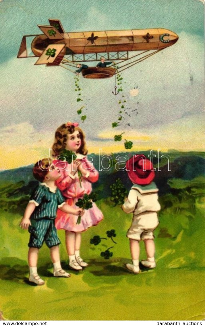 * T3 Children, Airship With Clovers, E.A.S. Hochgl. 16231 / Hochgl M. Gold 16232. Litho (EB) - Non Classés