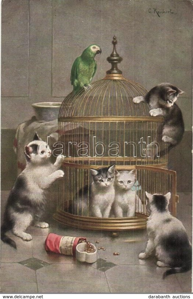 * T2 Cats With Bird Cage And Parrot. TSN Serie 1432. S: Reichert - Non Classés