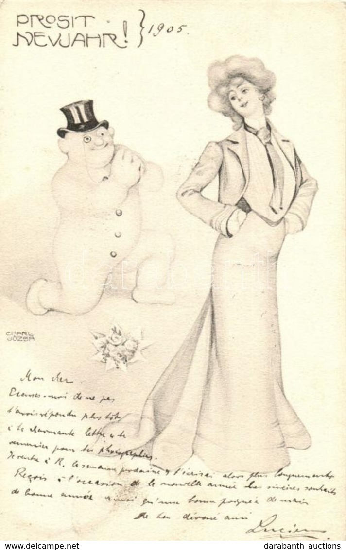 T2 1904 Prosit Neujahr! / New Year Greeting Art Postcard With Lady And Snowman S: Charl Józsa (Józsa Károly) - Non Classés