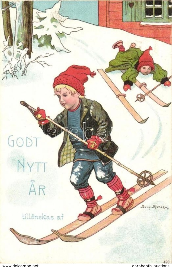 T2/T3 Godt Nytt Ar! / New Year Greeting Art Postcard With Skiing Children, Humor, Sport. 490. Litho S: Jenny Nyström (EK - Ohne Zuordnung