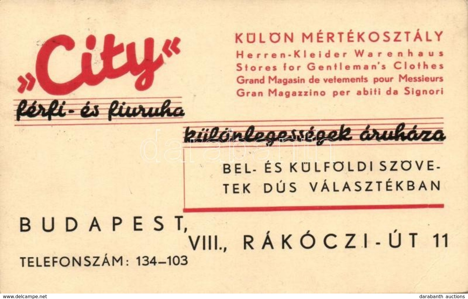 * T3 City Férfi- és Fiúruha Különlegességek áruháza, Budapest Rákóczi út 11., Reklámlap / Hungarian Man's Fashion Shop,  - Ohne Zuordnung