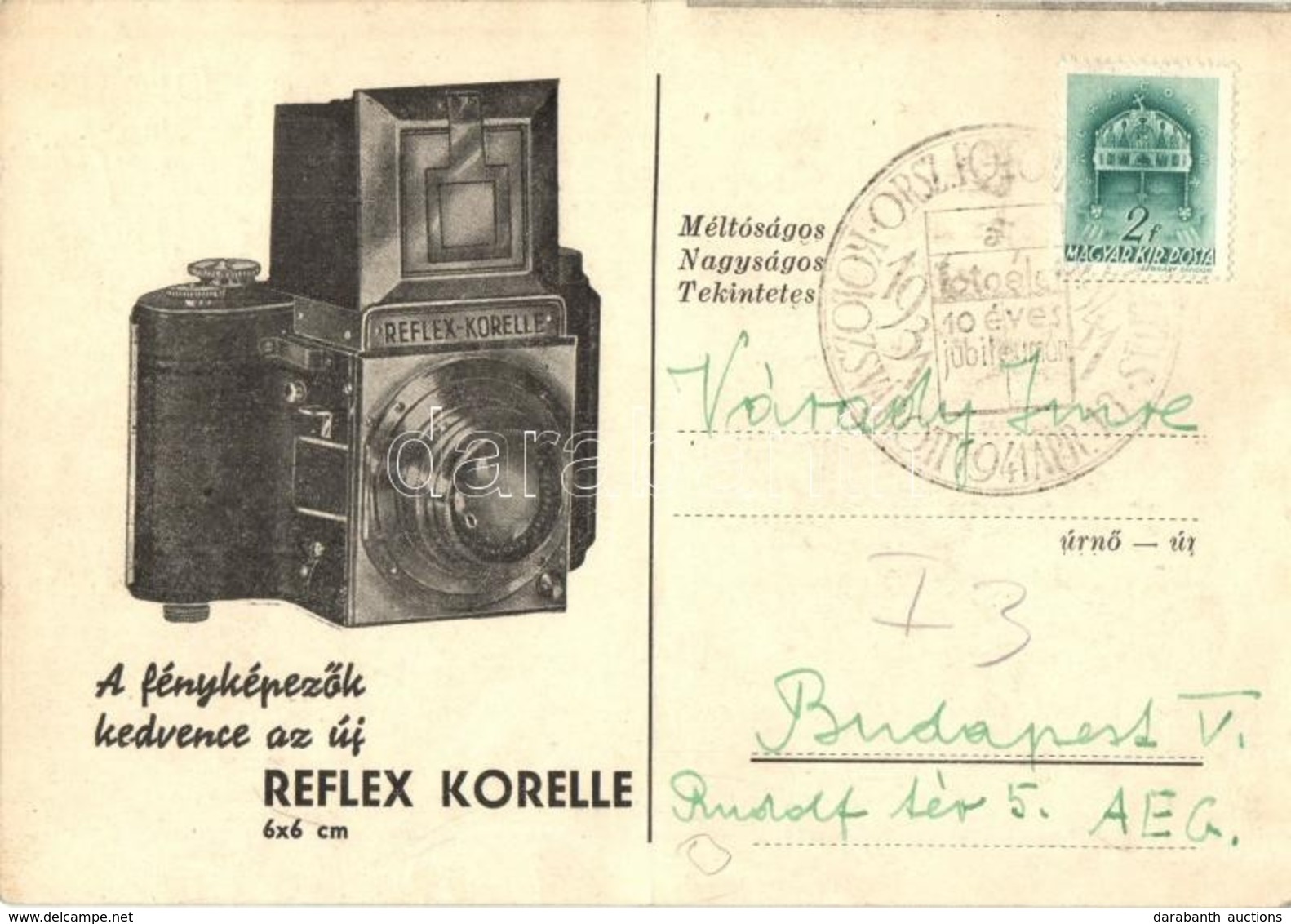 T2/T3 1941 Reflex Korelle 6x6 Cm Fényképezőgép Reklámlapja / Hungarian Photo Camera Advertisement Card + 1931-41 Országo - Ohne Zuordnung