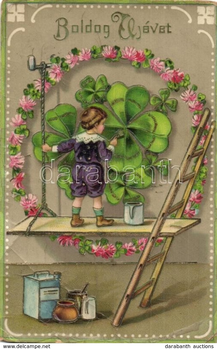 T3 Boldog Új évet! / New Year Greeting Art Postcard, Boy With Clovers. S.B. 2237 H. Floral Litho  (EB) - Non Classificati