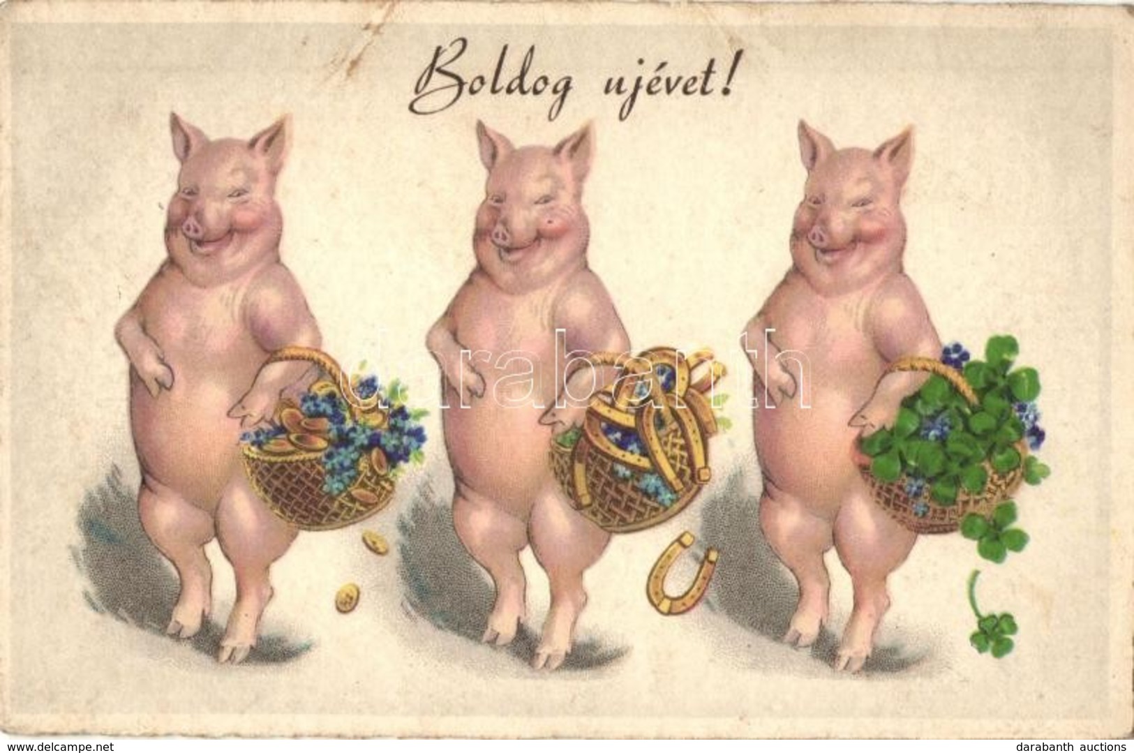 T2 Boldog Új évet! / New Year Greeting Art Postcard, Pigs With Baskets Of Coins, Horse Shoes And Clovers. Litho - Unclassified