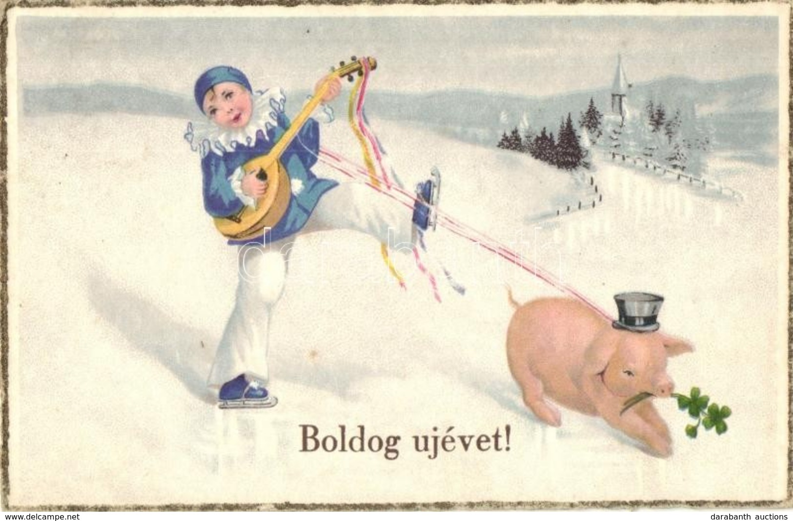 T2 Boldog Új évet! / New Year Greeting Art Postcard, Clown Ice Skating With Pig. S.B. 7285. Litho - Sin Clasificación