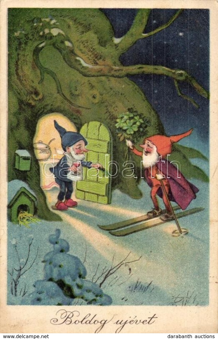 T2/T3 Boldog Új évet! / New Year Greeting Art Postcard, Dwarves, Skiing. Litho - Unclassified