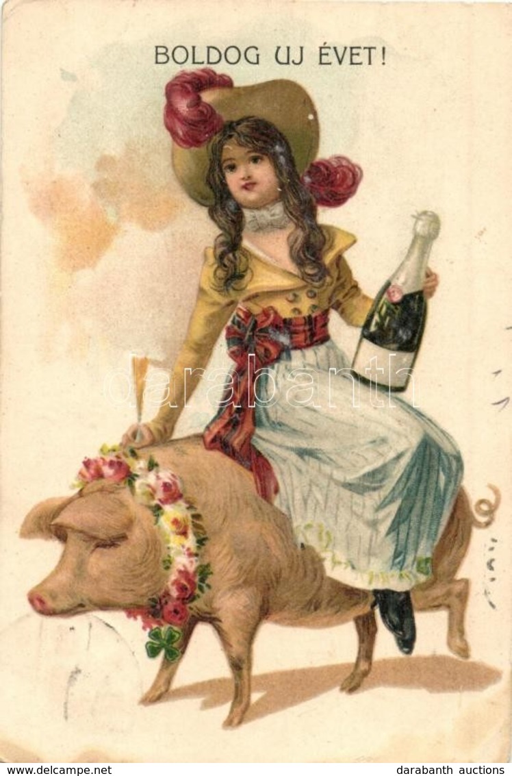 T2/T3 Boldog Új Évet! / New Year Greeting Art Postcard. Girl Riding On A Pig With Champagne. Litho (EK) - Sin Clasificación