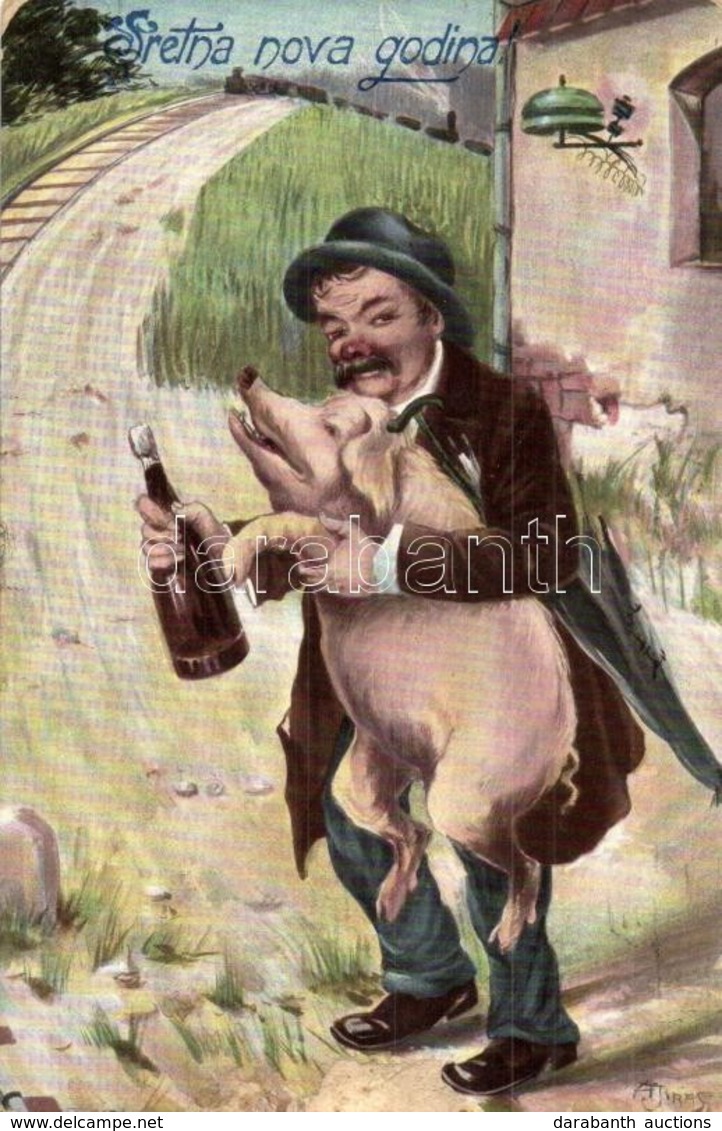 T2 Sretna Nova Godina! / New Year Greeting Art Postcard. Man With Pig And Champagne. R&K.L. Serie 1418. - Non Classés
