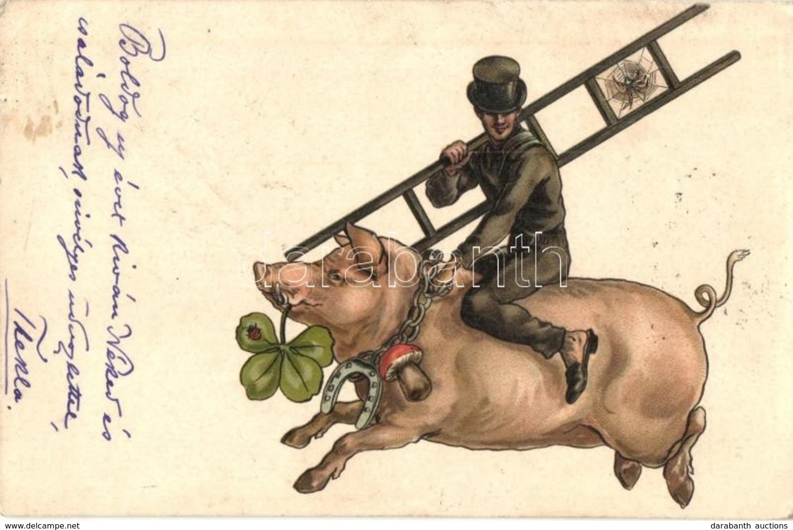 T2/T3 1903 New Year Greeting Art Postcard. Chimney Sweeper Riding On A Pig, Clover, Mushroom, Horse Shoe. Litho (wet Dam - Ohne Zuordnung