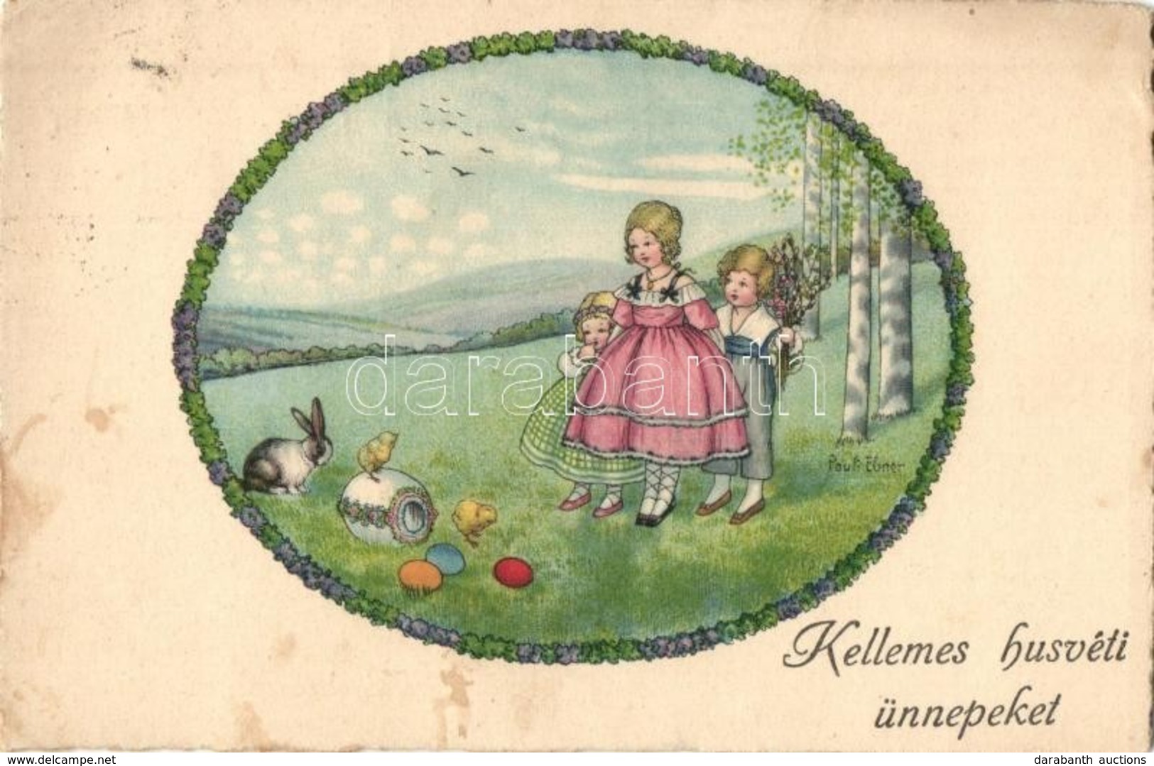 T2/T3 'Kellemes Húsvéti ünnepeket!' / Easter Greeting Card, Rabbits, Children, Erika Nr. 2040. S: Pauli Ebner (fl) - Sin Clasificación