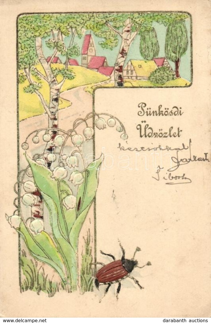 T2/T3 Pünkösdi üdvözlet / Pentecost, Lily Of The Valley, May Bug, Emb. - Ohne Zuordnung