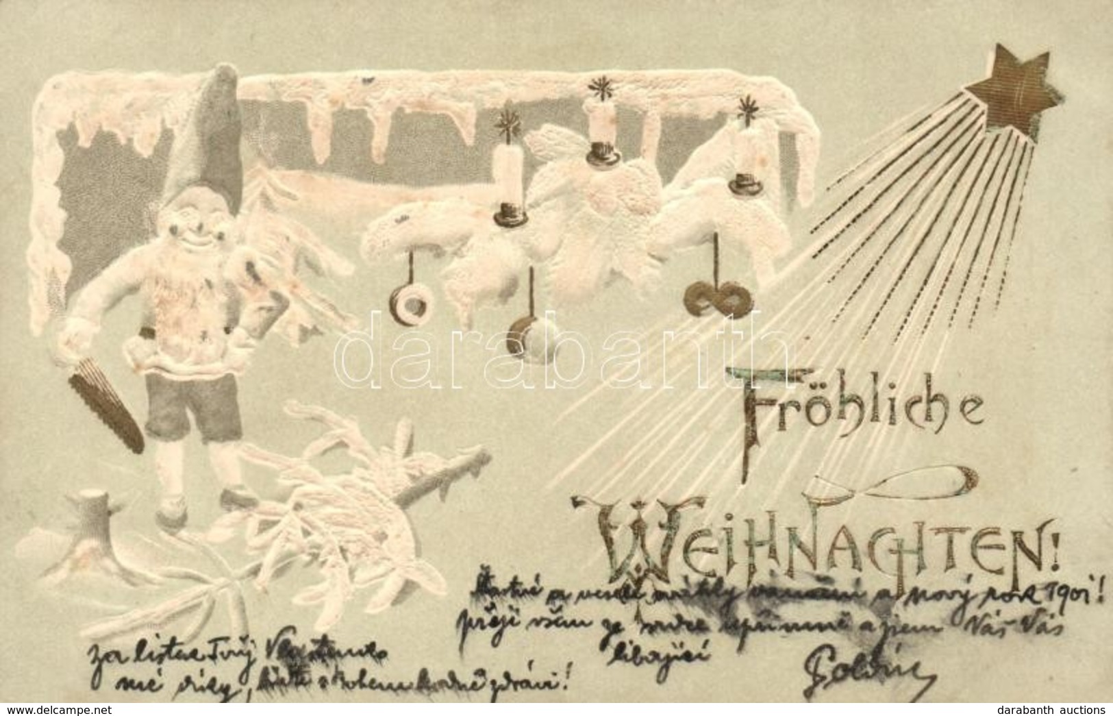 T2/T3 'Fröhliche Weihnachten' / Christmas, Dwarf, Golden Decorated Litho, Emb. - Non Classificati