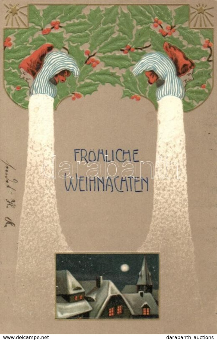 T2 'Fröhliche Weihnachten' / Christmas, Dwarf , Holly Branch, Golden Decorated, Litho, Emb. - Unclassified