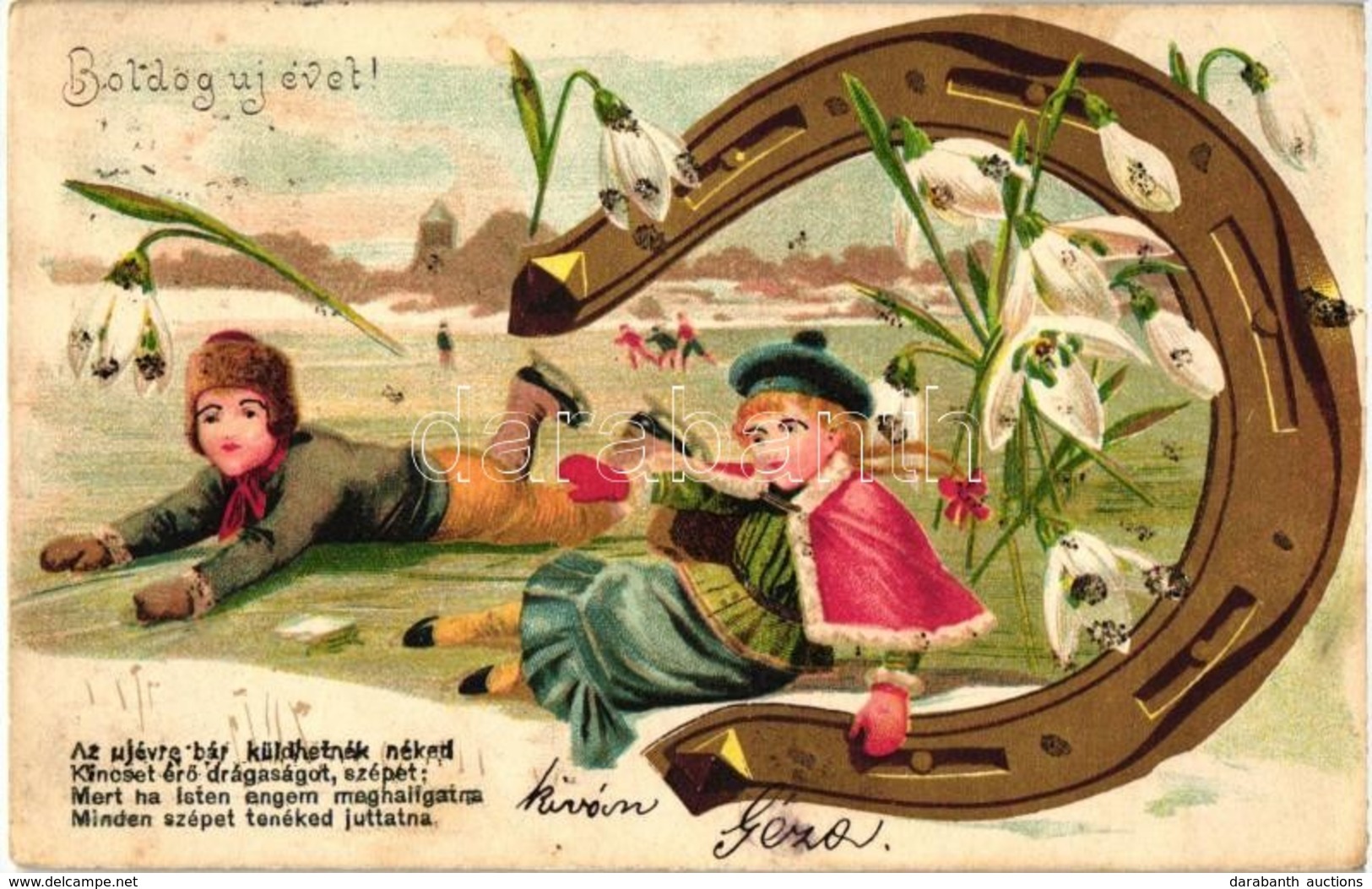 T2/T3 New Year, Ice Skating Children, Horse Shoe, Snowdrops, Trademark No. 209. Litho (EK) - Ohne Zuordnung