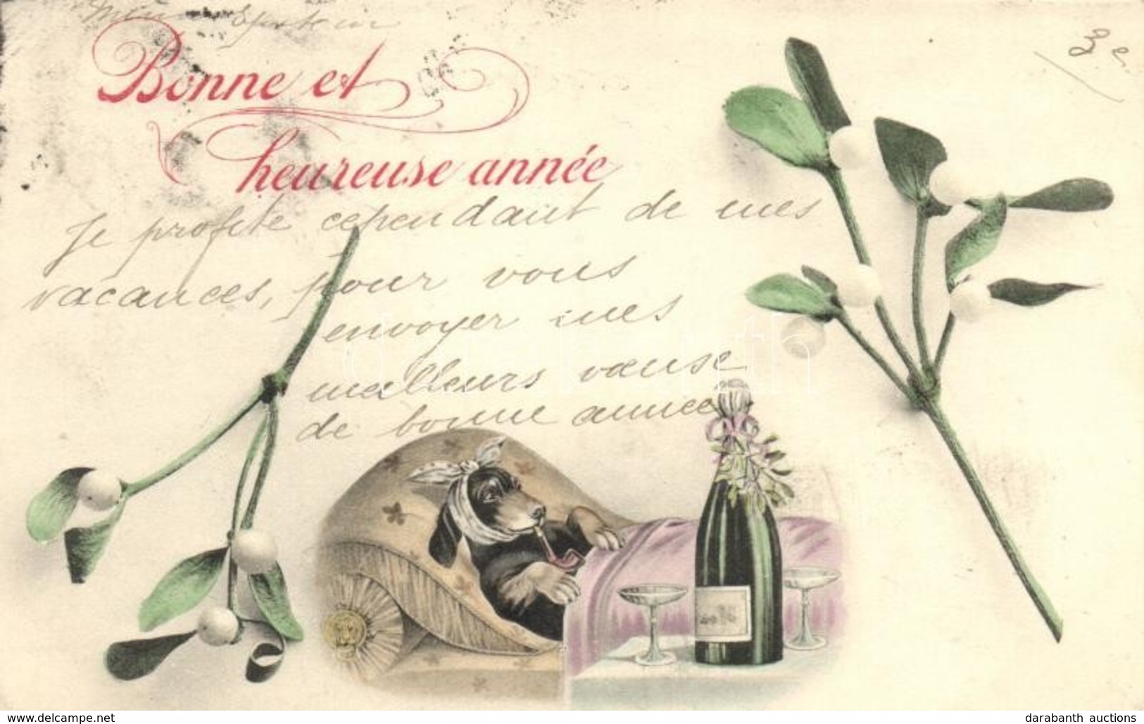 T2/T3 New Year, Dachshund Smoking A Pipe, Champagne, Flowers (EK) - Unclassified