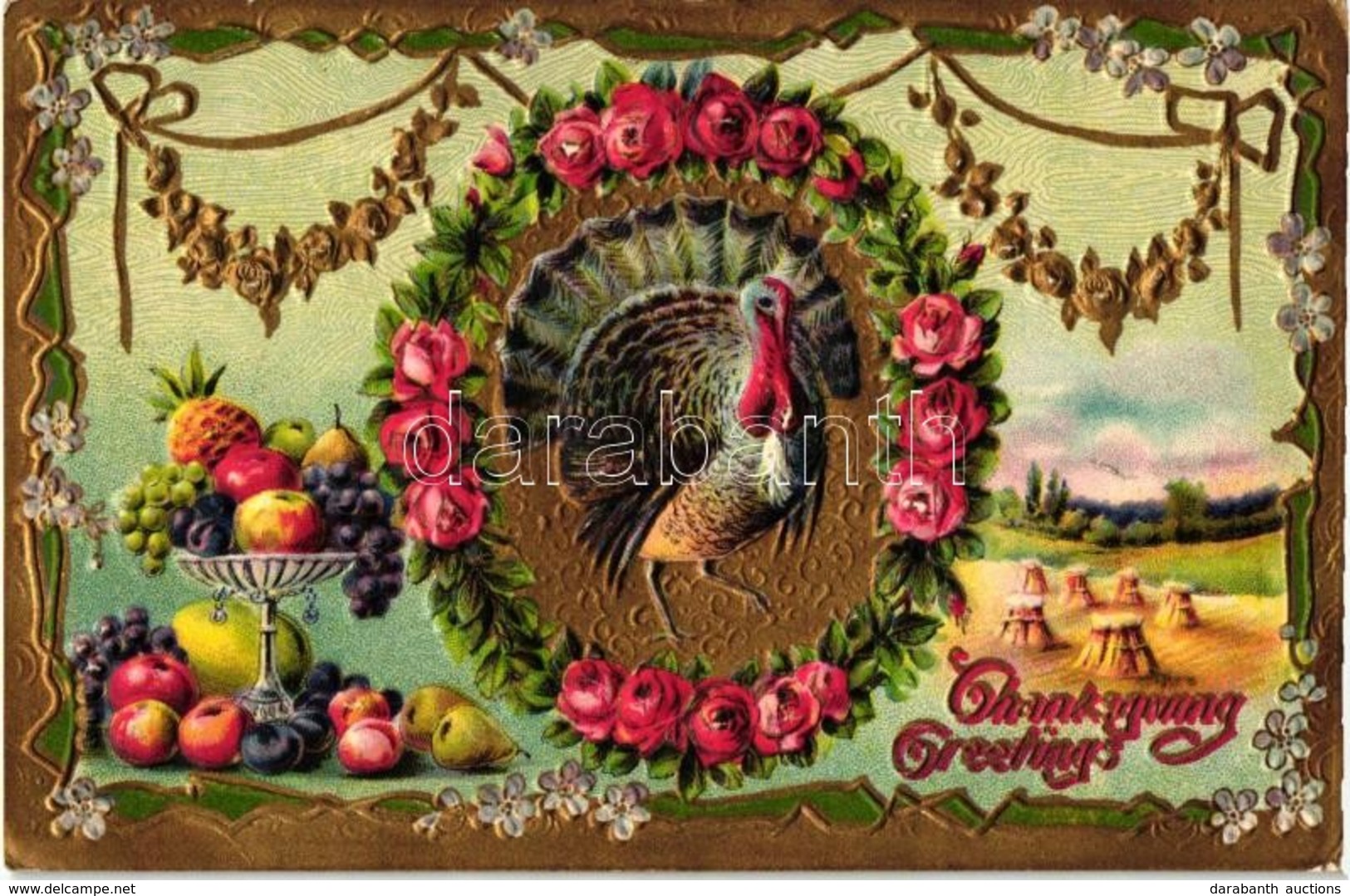 T2/T3 Thanksgiving Greeting Card, Turkey, Trademark 2277. Floral, Emb. Litho (EK) - Non Classificati