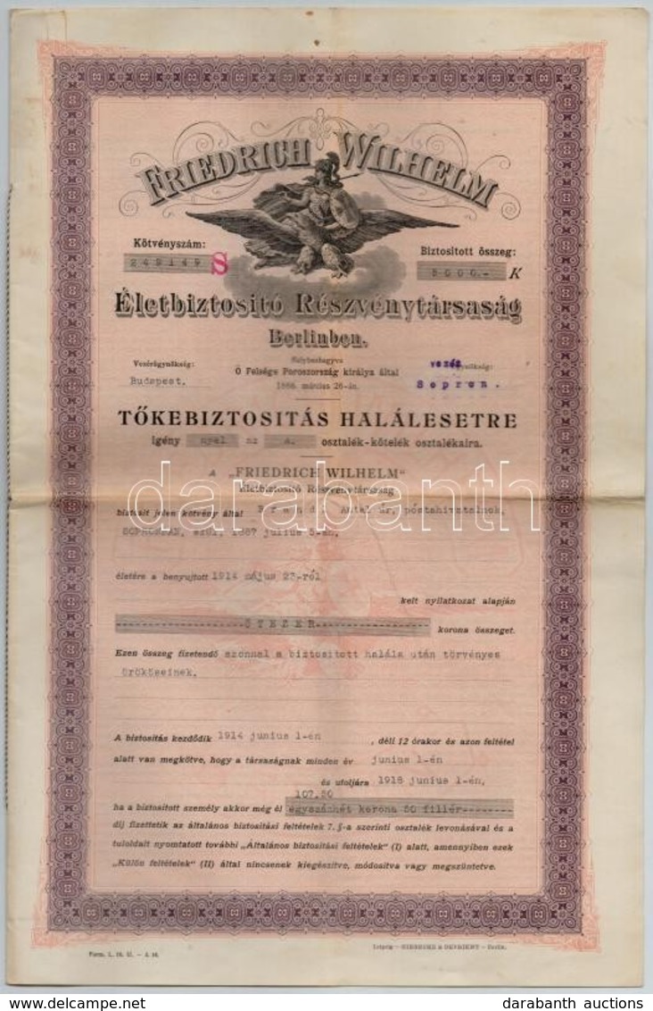 Budapest / Berlin 1914. 'Friedrich Wilhelm Életbiztosító Részvénytársaság Berlinben' Névre Szóló Tőkebiztosítás Halálese - Unclassified