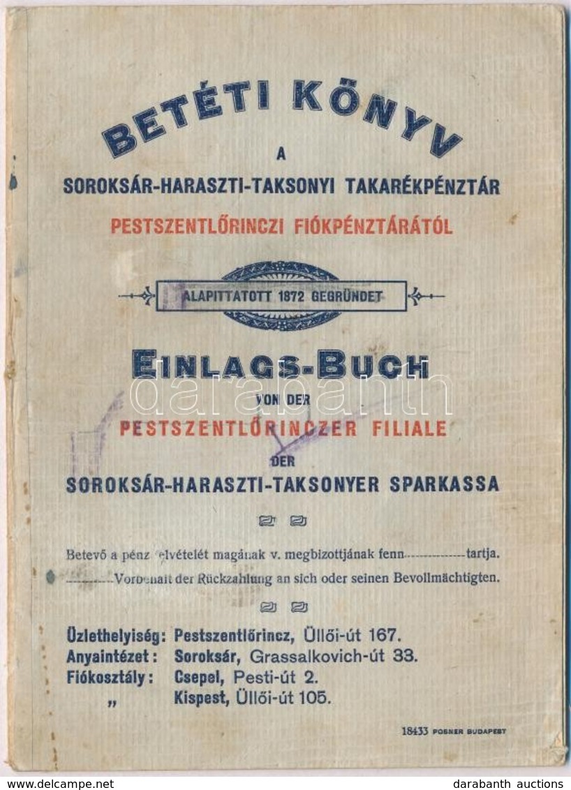 1937. 'Betéti Könyv A Soroksár-Haraszti-Taksonyi Takarékpénztár Pestszentlőrinczi Fiókpénztárától' Néhány Kitöltött Olda - Unclassified