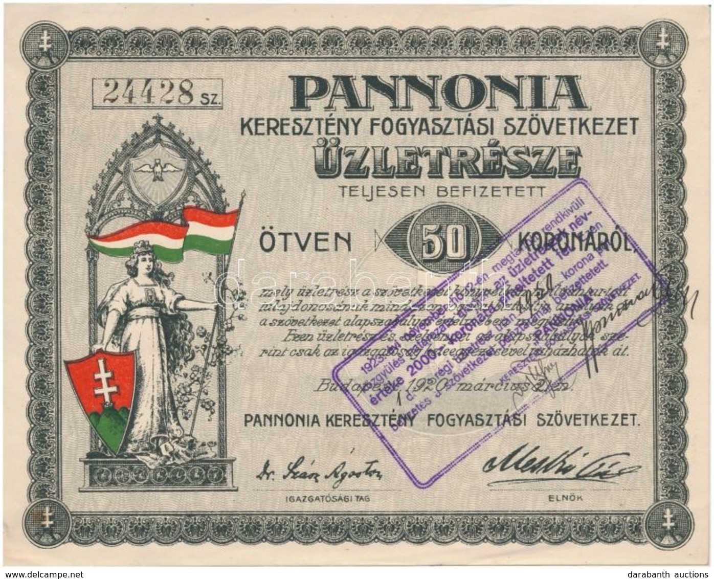 Budapest 1920. 'Pannonia Keresztény Fogyasztási Szövetkezet' üzletrésze Teljesen Befizetett 50K-ról, Bélyegzéssel, Szelv - Ohne Zuordnung