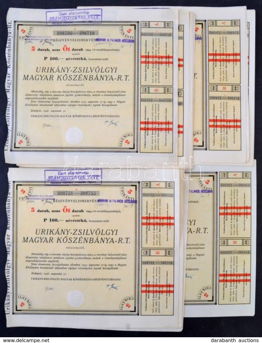 1946. 'Urikány-Zsilvölgyi Magyar Kőszénbánya-R.T.' öt Darab Részvényelismervénye Egyenként 100P-ről (20x) Mindszárazpecs - Non Classés