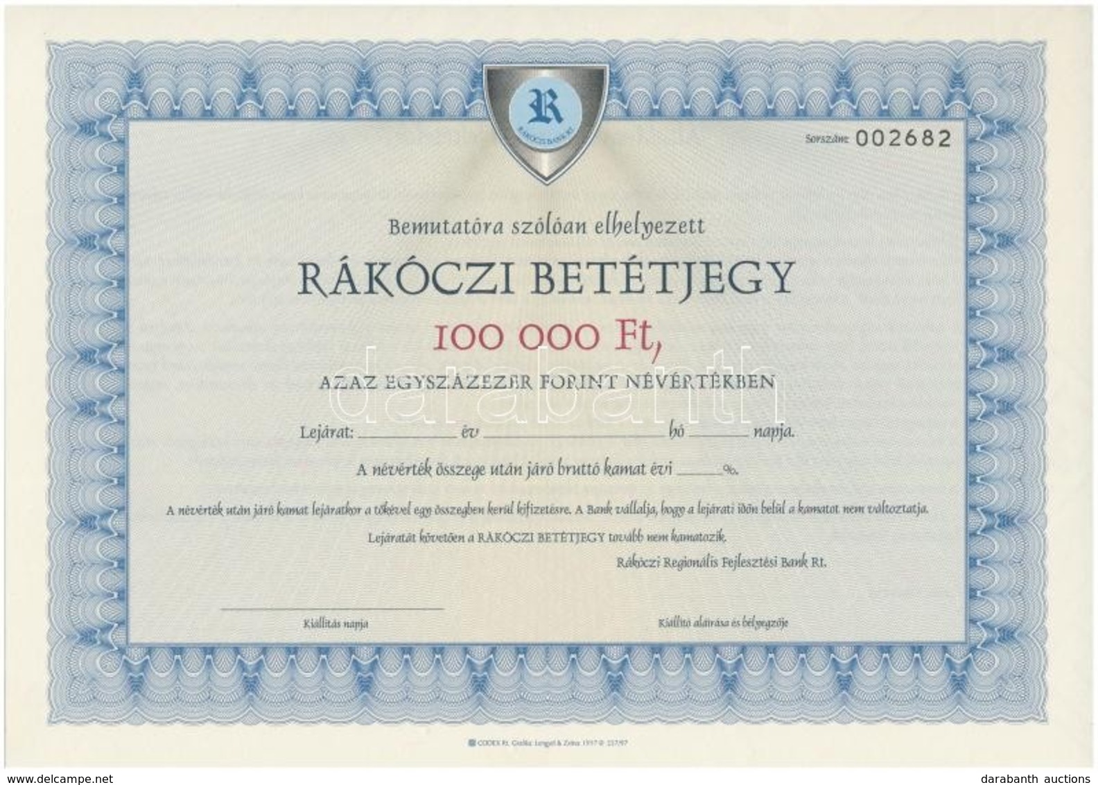 Miskolc ~2000. 'Rákóczi Regionális Fejlesztési Bank Rt.' 'Rákóczi' Betétjegye 100.000Ft értékben, Kitöltetlen, Hátoldalá - Non Classés