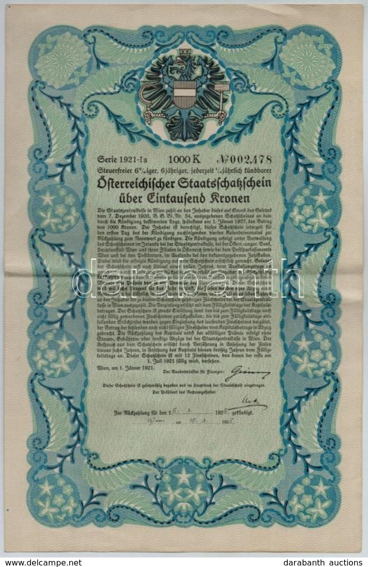 Ausztria / Bécs 1921. 'Österreichischer Staatschakschein(?)'  államkölcsön Kötvény 1000K-ról, Szelvényekkel T:III
Austri - Unclassified