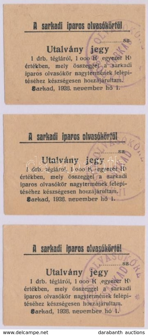 Sarkad 1926. 'Sarkadi Iparos Olvasókörtől' Téglajegy 1000K értékben Bélyegzéssel (3x) T:I-,II - Unclassified