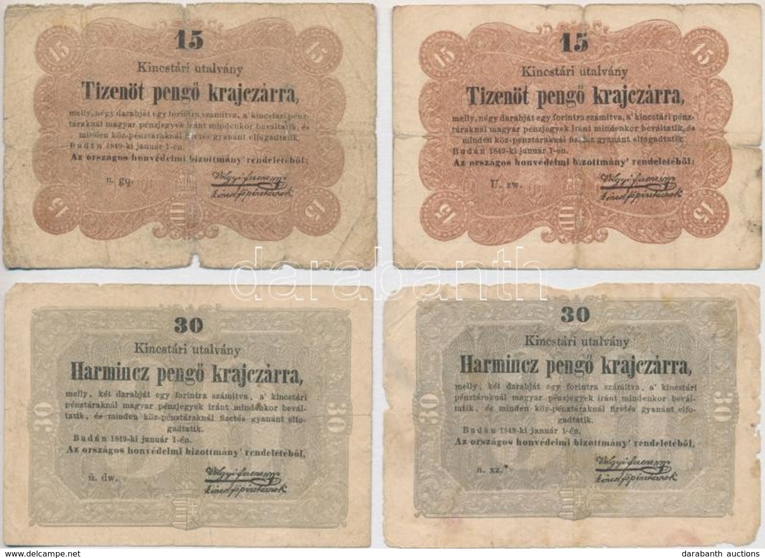 1849. 15kr (2x) + 30kr (2x) 'Kossuth Bankó' T:III-,IV - Ohne Zuordnung